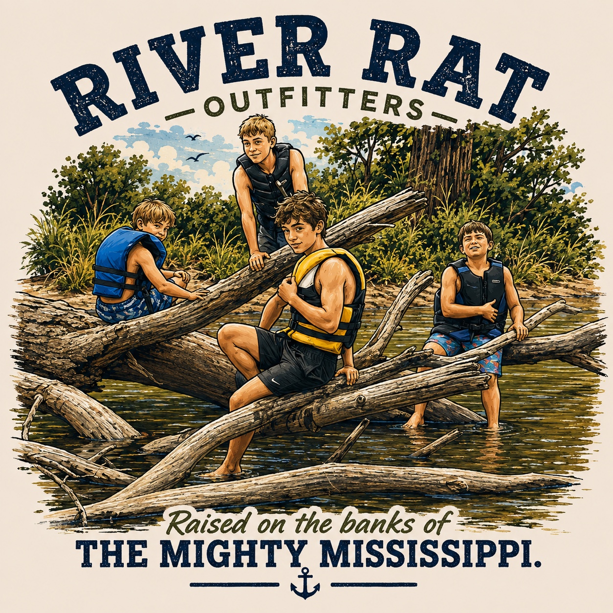 Finished illustrated River Rat Outfitters artwork created from the photo
